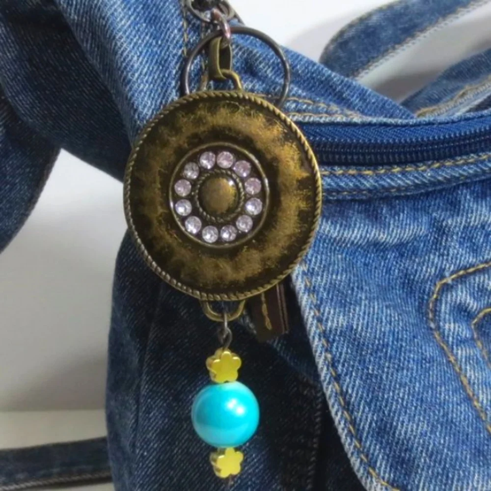 New Handmade Keychain Bag Charm Beaded Boho Antique Brass Rhinestones Faux Gem